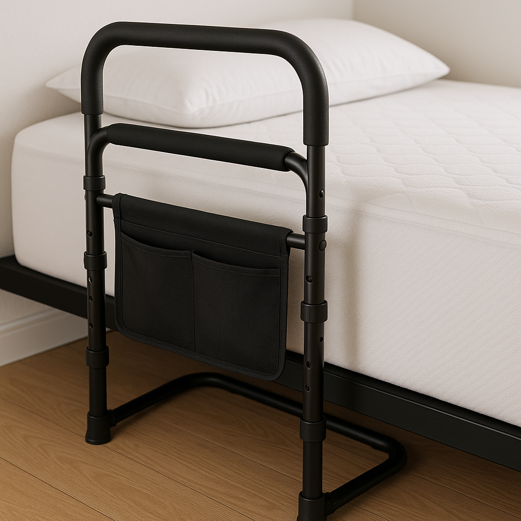 Adjustable bed assist rail with storage pocket next to a mattress