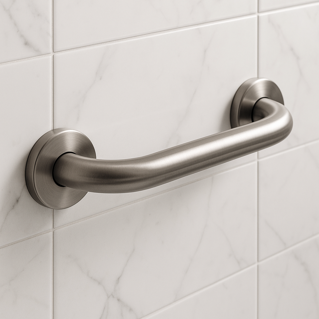Stainless steel grab bar mounted on a bathroom wall
