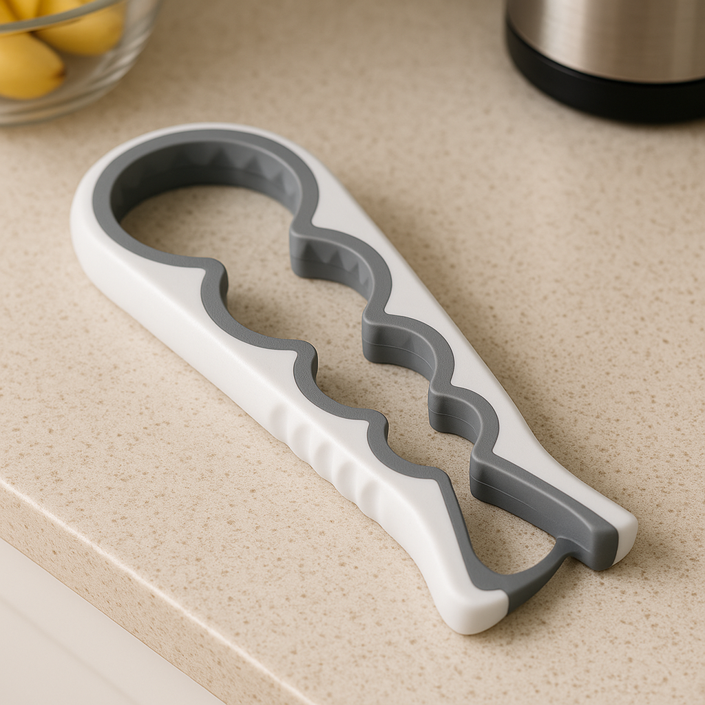 5-in-1 jar and bottle opener tool on a kitchen counter