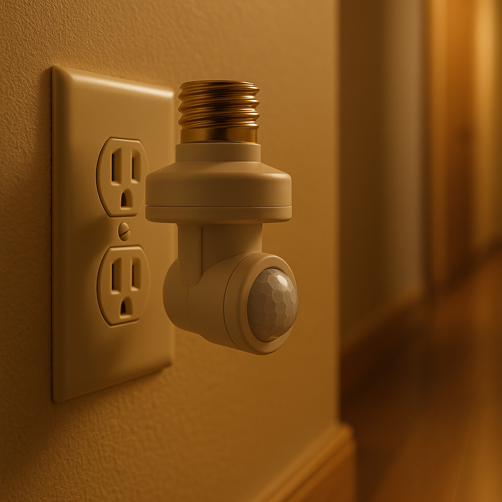 Motion-sensor light socket plug installed in a hallway outlet