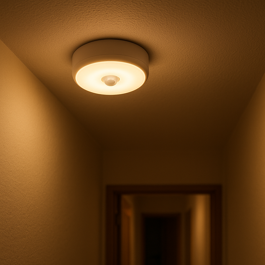 Small rechargeable motion-sensor ceiling light mounted in a hallway