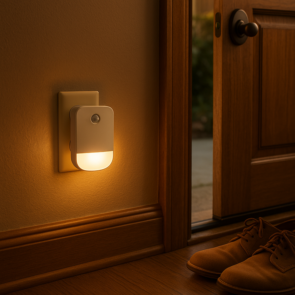 Motion-sensor LED light plug installed near a home entryway