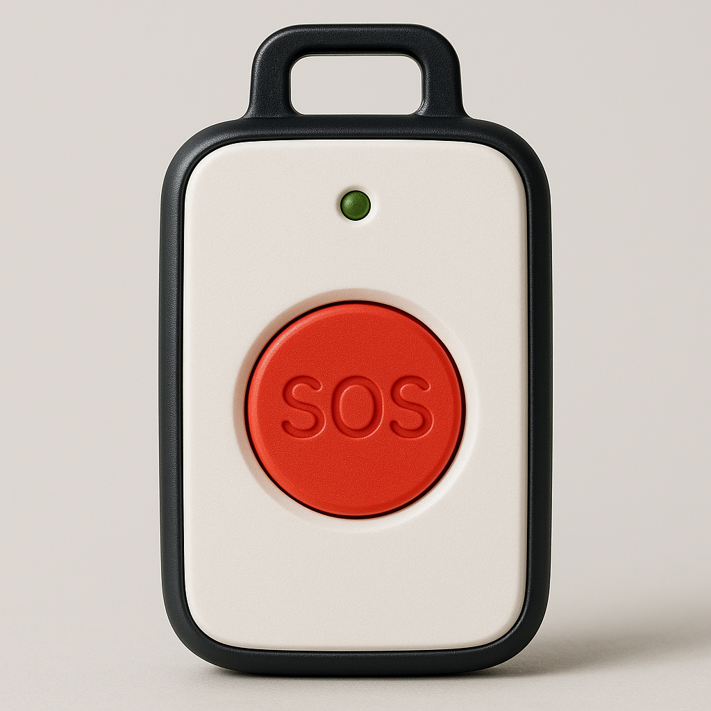 Wireless caregiver pager device with SOS button