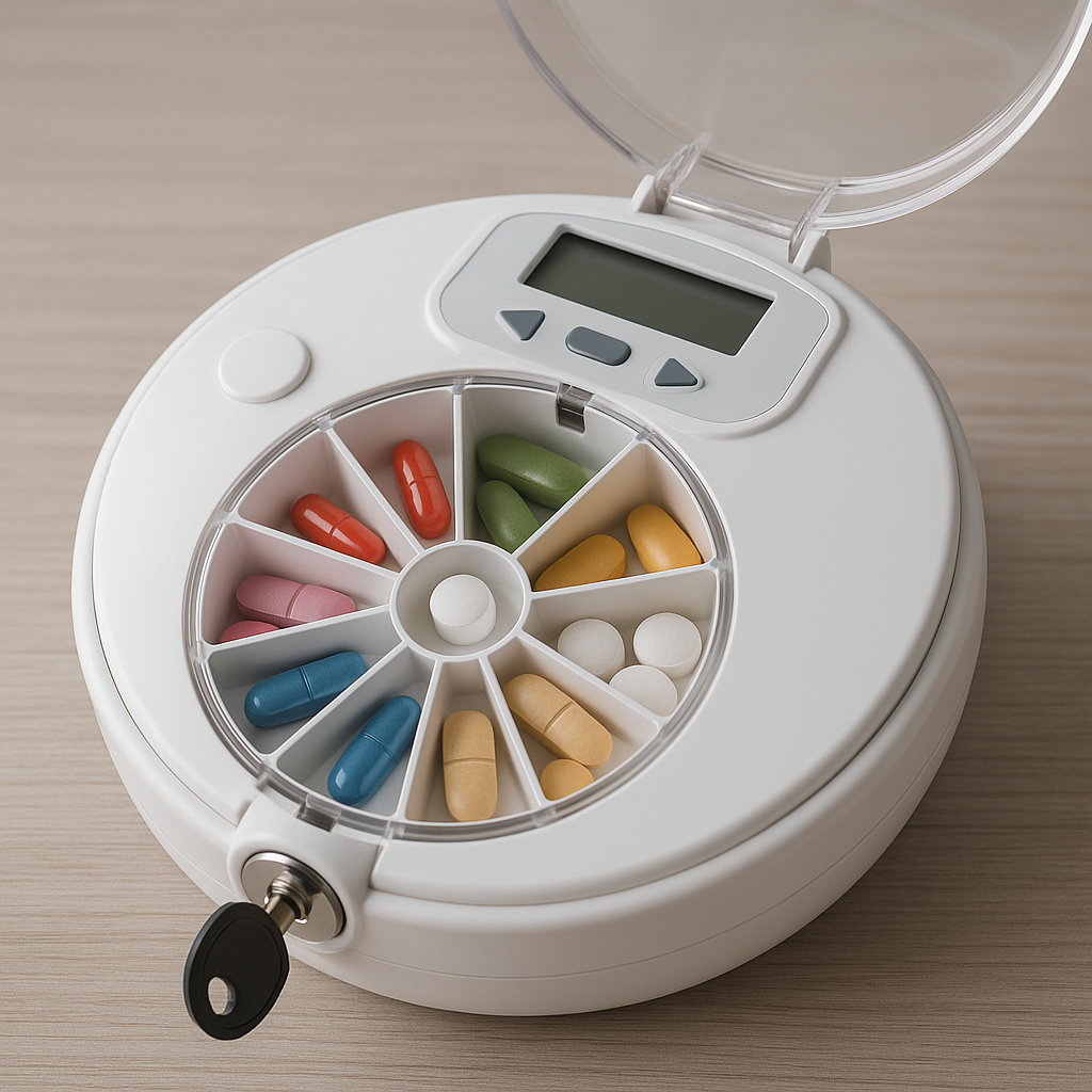 Automatic locked pill dispenser with a compartment tray