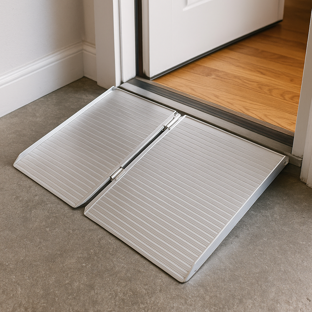 Foldable aluminum threshold ramp at a doorway