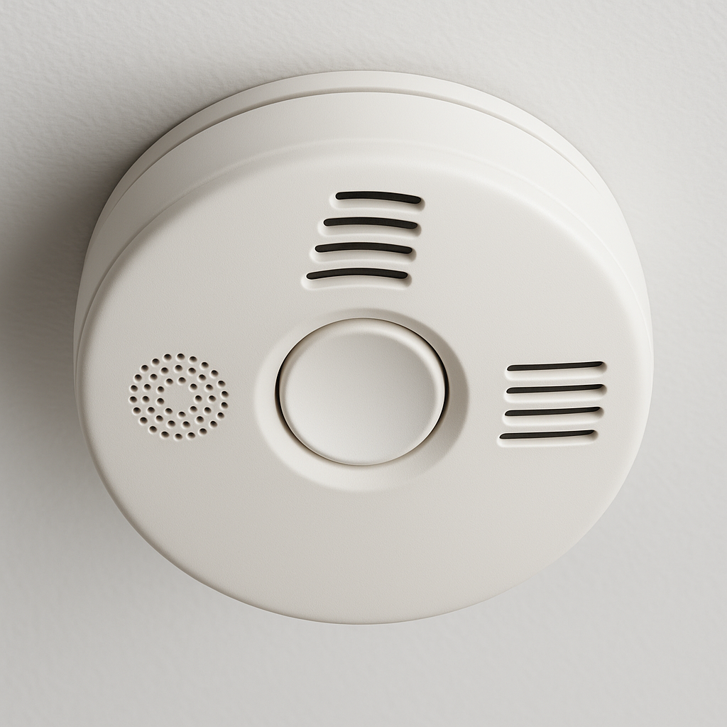 White combination smoke and carbon monoxide alarm mounted on a ceiling
