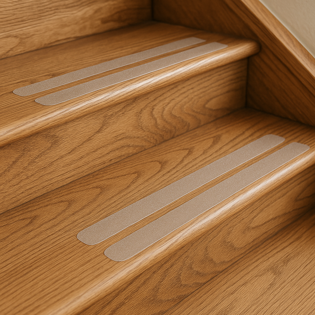 Clear non-slip stair tread strips on a wooden staircase